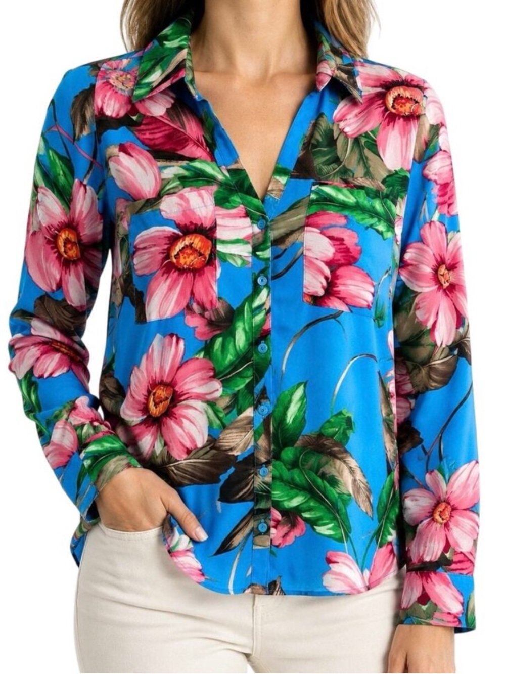 Express Portofino Blue Long Sleeve Tropical Floral Hawaiian Top Medium